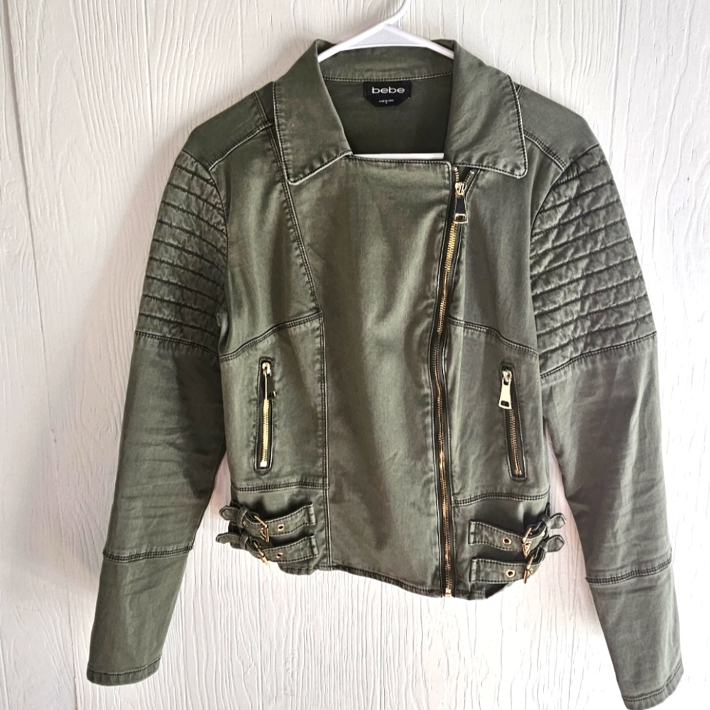 Bebe Nakita Moto Jacket Olive Green with Gold Detailing Medium